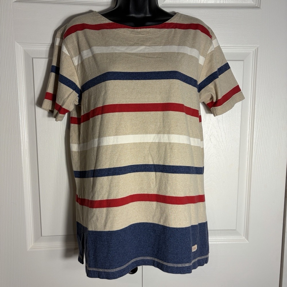 Vintage Liz Claiborne Shirt Women S Tan Blue Red Striped 90s Short Sleeve Top